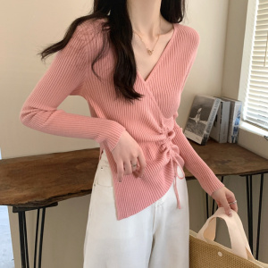 法式交叉修身内搭抽绳针织衫打底上衣女秋冬季显瘦V领毛衣潮