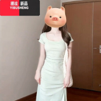 YIBUSHENG小个子法式方领短袖连衣裙子女2024新款季性感露背修身包臀长裙