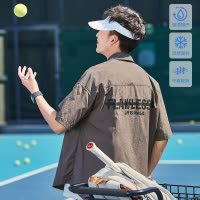 [2.5折价95.6元叠加优惠券]唐狮夏新款凉感短袖衬衫男宽松翻领前胸文字印花透气衬衣外套