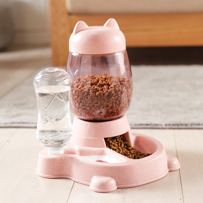 猫咪自动喂食器二合一体时光旧巷狗狗饮水机猫食盆猫粮盆猫碗宠物用品少女粉1