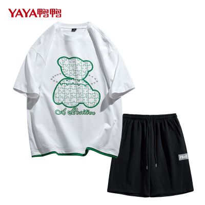运动套装男夏季潮牌短袖t恤男两件套短裤一套宽松上衣服品牌:鸭鸭月销