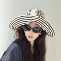 夏季新款日系可折叠条纹渔夫帽防晒帽子时尚优雅复古织带太阳帽女3759A
