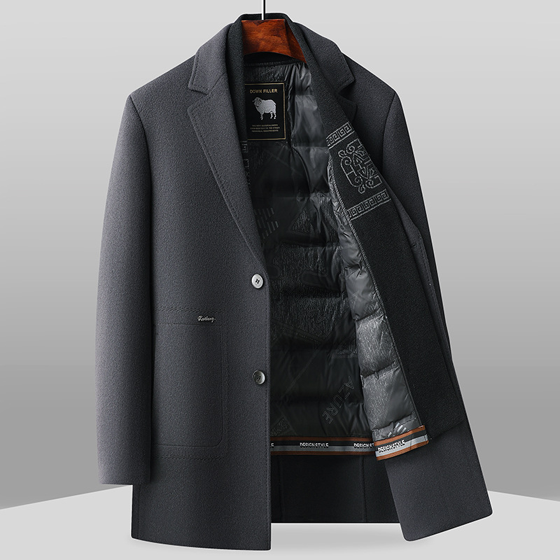 鹅绒双面呢羊毛大衣男中长款脱卸内胆羊毛呢子外套西装领毛呢大衣