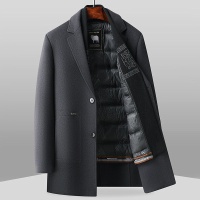 鹅绒双面呢羊毛大衣男中长款脱卸内胆羊毛呢子外套西装领毛呢大衣