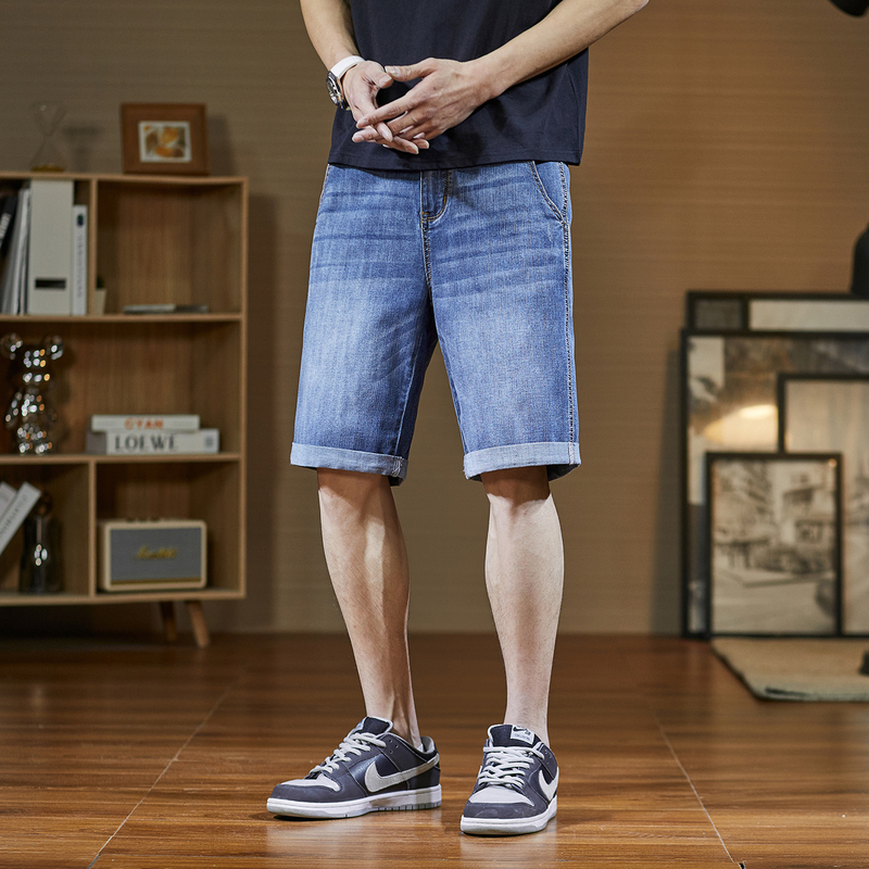 [2.5折价108元]唐狮春夏季新款牛仔短裤男修身卷边五分中裤时尚潮流休闲个性裤子
