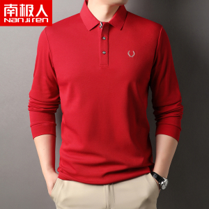 南极人大红色polo衫男士长袖秋季男装上衣潮流休闲精梳棉T恤宽松