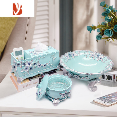 三维工匠欧式树脂纸巾盒客厅抽纸盒创意纸抽盒遥控器收纳盒家用纸巾筒 漱格-浪漫庄园蓝3件套