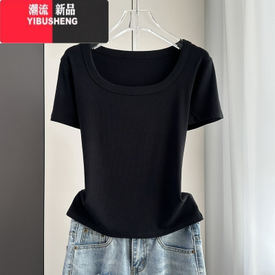 YIBUSHENG方领螺纹正肩短袖t恤女士季2024新款薄款宽松大码显瘦遮肉上衣