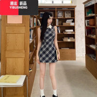 YIBUSHENG复古格子无袖衬衫连衣裙子女季2024新款polo领法式气质收腰短裙