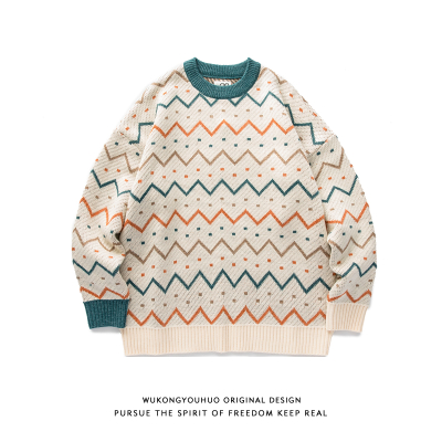 HongZun复古拼色线条圆领毛衣男潮牌宽松bf学院风情侣套头针织衫毛衣