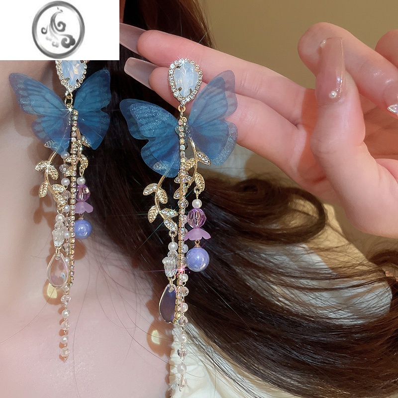 JiMi蝴蝶结珍珠流苏耳环2023新款小众设计感夸张长款花朵耳饰耳坠