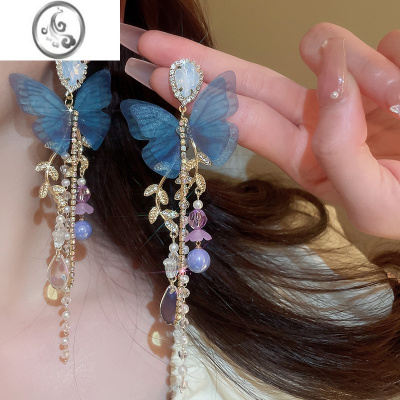 JiMi蝴蝶结珍珠流苏耳环2023新款小众设计感夸张长款花朵耳饰耳坠