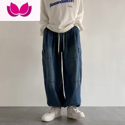 七斓美式复古工装牛仔裤男款夏季宽松直筒阔腿裤垂感抽绳灯笼伐木裤子