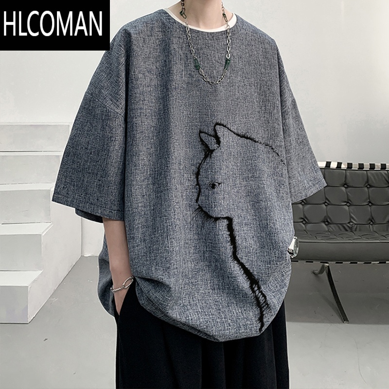 HLCOMAN冰丝亚麻加长版t恤七分袖新中式国潮棉麻圆领短袖男款夏季叠穿T恤