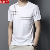 恒源祥夏季男士短袖t恤中年圆领有口袋纯棉宽松条纹半袖薄款体恤T