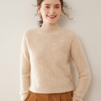双股加厚羊绒衫女半高领扭花套头毛衣秋冬休闲宽松羊毛针织打底衫