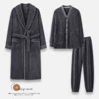 睡衣男士冬季珊瑚绒长袖翻领开衫睡袍加厚韩版法兰绒家居服三件套