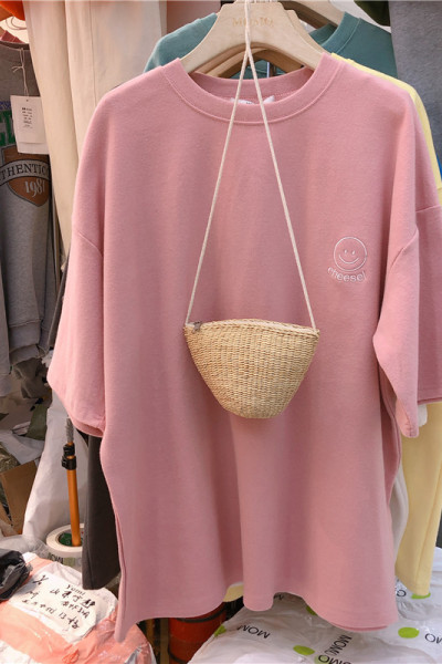 笑脸刺绣夏季韩版新款短袖T恤女宽松打底衫上衣韩国女装