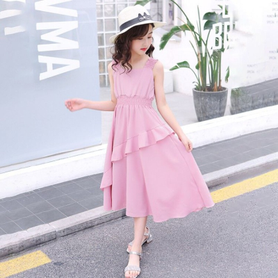 ao)女童连衣裙2021新款夏装洋气大童儿童装雪纺长裙过膝女孩沙滩裙子