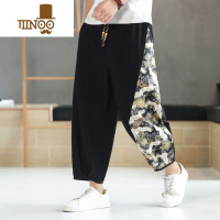 YANXU夏季男士休闲裤宽松舒适中国风潮流印花九分裤棉麻直筒透气长裤子