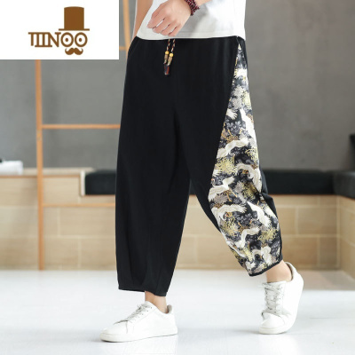 YANXU夏季男士休闲裤宽松舒适中国风潮流印花九分裤棉麻直筒透气长裤子