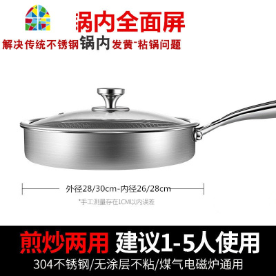304不锈钢双面满屏煎锅不粘锅无油烟平底锅煎牛排锅具电磁炉 FENGHOU 28半屏+盖子