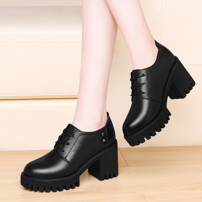 古奇天伦粗跟皮鞋女士牛皮高跟鞋秋季2020新款厚底黑色深口单鞋妈妈鞋9884