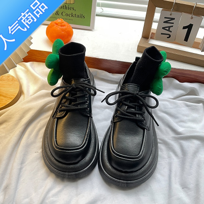 SUNTEK松糕厚底小皮鞋女2023秋季新款黑色英伦风圆头系带百搭玛丽珍单鞋