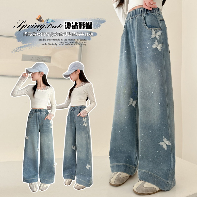 女童牛仔裤春秋款儿童烫钻休闲裤初中生裤子女大童网红炸街阔腿裤