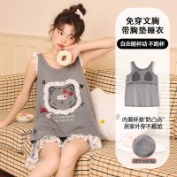 睡衣女夏季带胸垫一体无袖背心棉质短裤甜美大码网红款家居服