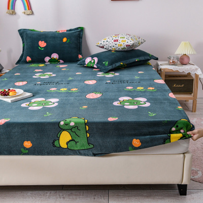 艾玛诺欧家纺加厚牛奶绒床笠单件印花保暖床罩法莱绒水晶绒纯色1.5米席梦保护套1.8m床垫套单床笠-恐龙假日-兰AY1.2*2.0m（1.2米床）