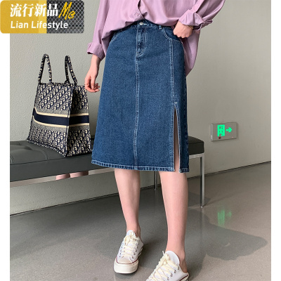 暖青汇微胖大码牛仔半身裙女中长款胖mm高腰直筒侧开叉显瘦a字裙