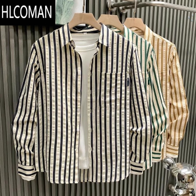 HLCOMAN条纹冰丝薄款衬衫男长袖夏季长袖衬衣潮牌休闲外套薄