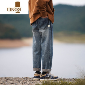 YANXU日系贴标牛仔裤男秋季潮牌宽松直筒长裤水洗复古阔腿休闲裤子男款
