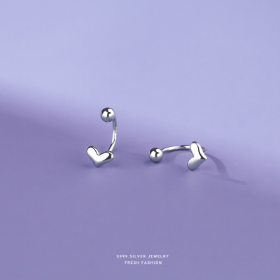 小众百搭后挂式爱心耳钉女s999纯银圆珠螺纹耳钩个性足银耳饰代发送女朋友老婆情人节七夕生日礼物