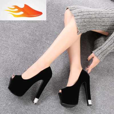 FISHBASKET恨天高夜店超高跟鞋15CM粗跟防水台女鞋浅口绒面性感水钻黑色单鞋