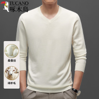 啄木鸟春季新款桑蚕丝打底针织衫纯白色羊毛V领套头内搭薄毛衣男
