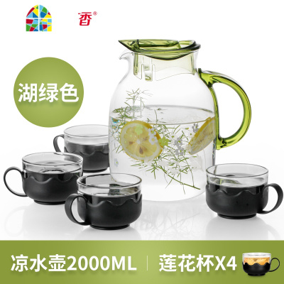大容量耐热高温冷水壶玻璃果汁壶凉白开水壶家用凉水壶套装 FENGHOU 1.5L清心杯套装(海蓝)