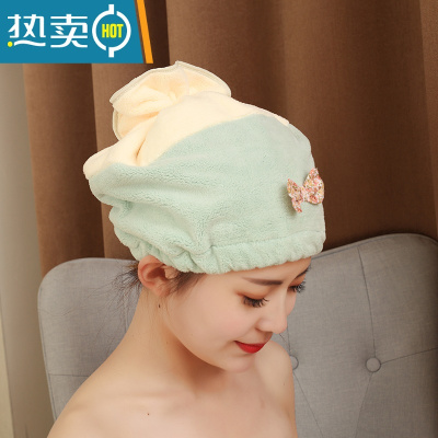 敬平创意干发帽加大加厚柔软吸水韩国可爱擦头发干发毛巾洗头浴帽 撞色圆帽黄绿色