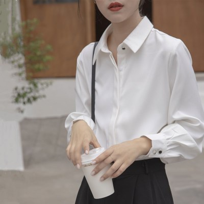 白色长袖衬衫女秋大学生面试职业正装法式锁骨上衣衬衣设计感小众