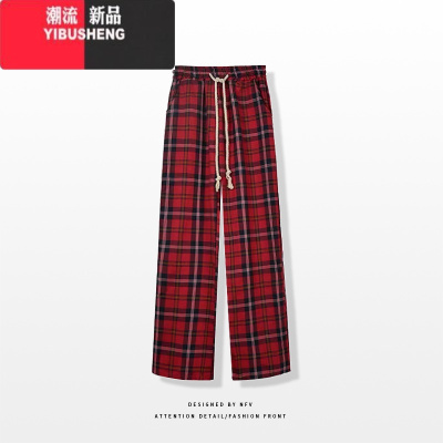 YIBUSHENGchic港风复古红色格子运动休闲裤女2023男女同款宽松直筒裤子