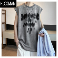 HLCOMAN美式绒背心男款夏季宽松痞帅坎肩潮牌短袖上衣服男生无袖t恤