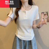 YIBUSHENG大码胖MM季2024新款短袖T恤女遮肉显瘦正肩设计感短款上衣