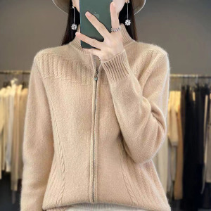 新款秋冬季针织开衫女复古外套拉链女士毛衣半高领宽松针织衫