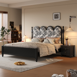 法式复古实木床1.8米主卧双人床美式软包床1.5米黑色中古风画屏床