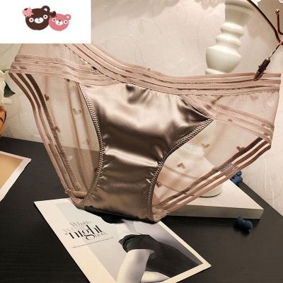 绿彩虹光绸缎面料内裤女士性感蕾丝中低腰包臀透明网纱透气棉裆三角裤