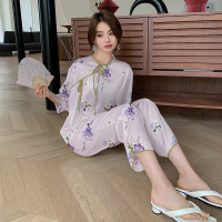 Ceba新中式睡衣女缎面提花春夏薄款短袖长裤两件套丝质家居服