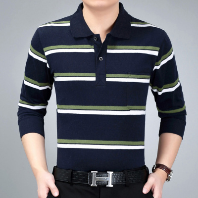 中年男士长袖T恤宽松加肥加大爸爸装休闲条纹POLO衫男装秋衣