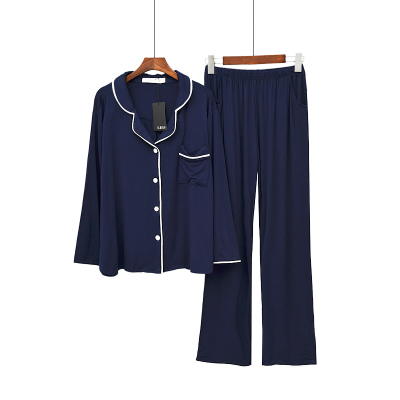 恋名媛睡衣女秋莫代尔休闲简约长袖开衫小翻领春秋情侣家居服套装睡衣