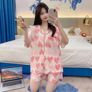 夏季新款短袖短裤女睡衣带胸垫娃娃领开衫简约小碎花卡通款家居服
